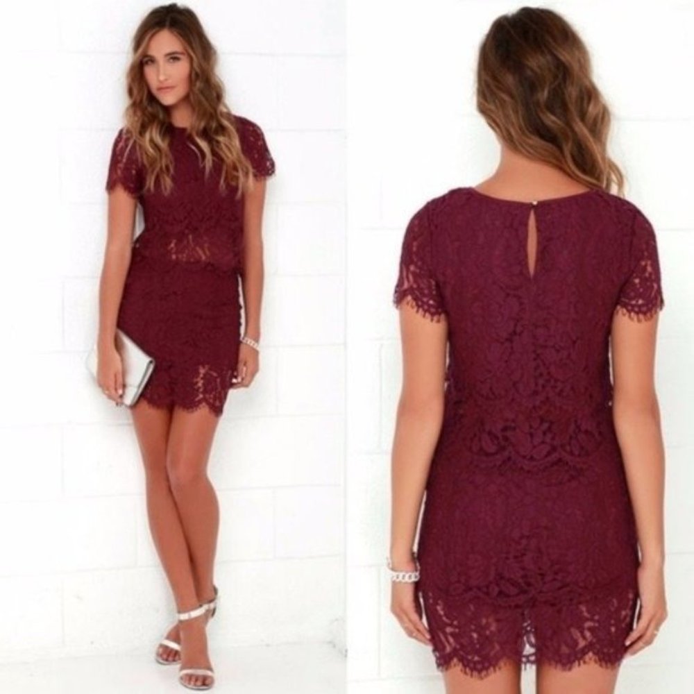Lulus Turn Back Time Burgundy Lace Two-Piece Dress
